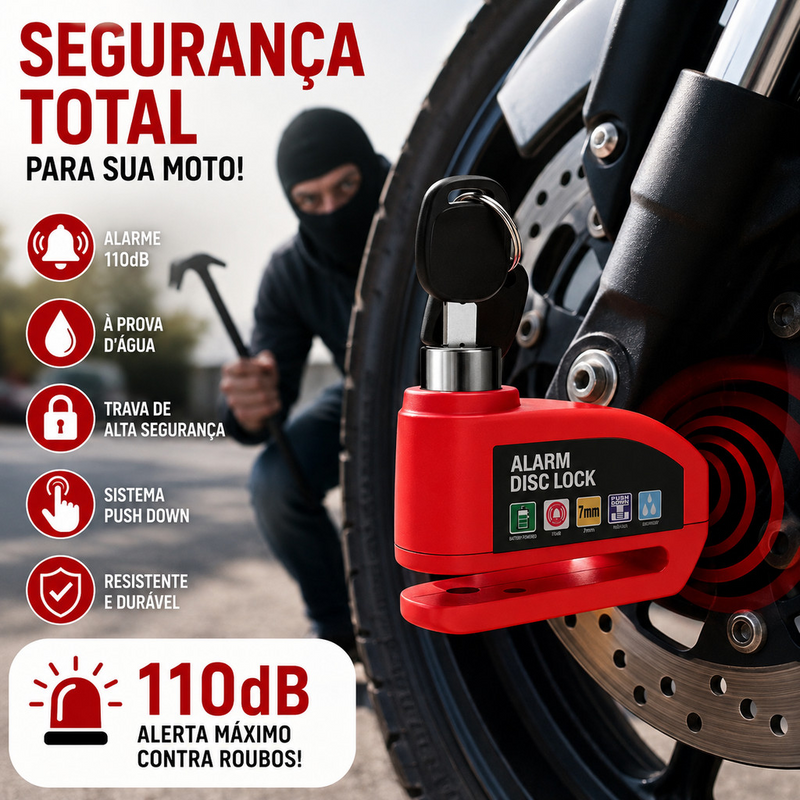 Trava de Disco em Liga de Alumínio Com Alarme 110dB Antifurto para Moto/Bike à Prova dÁgua Universal
