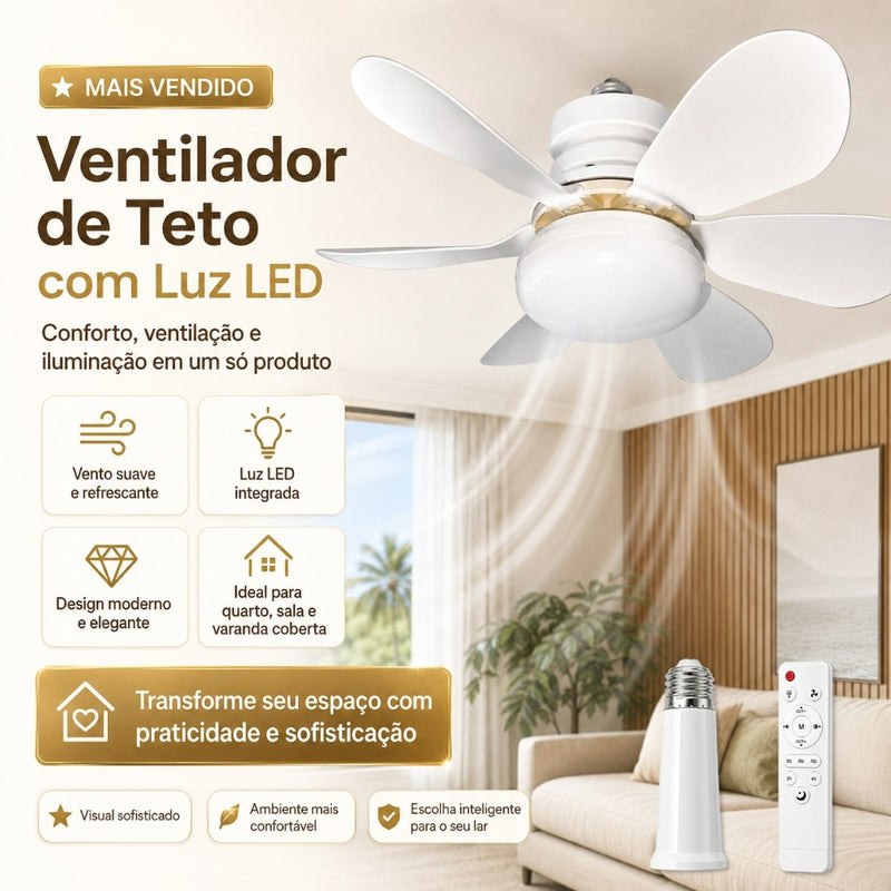 Ventilador  de Teto Silencioso LED 3 Cores com Controle Bivolt 6 Pás Branco Potente