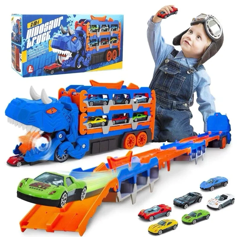 Caminhão Dinossauro engolidor e Porta-carrinhos com 4 Carrinhos de Fricção.🚚
