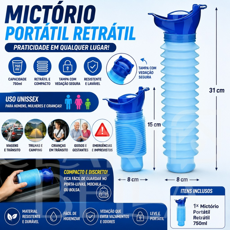 Mictório Portátil Retrátil 750ml Unissex | Urinol Dobrável para Viagem, Carro, Camping e Emergências